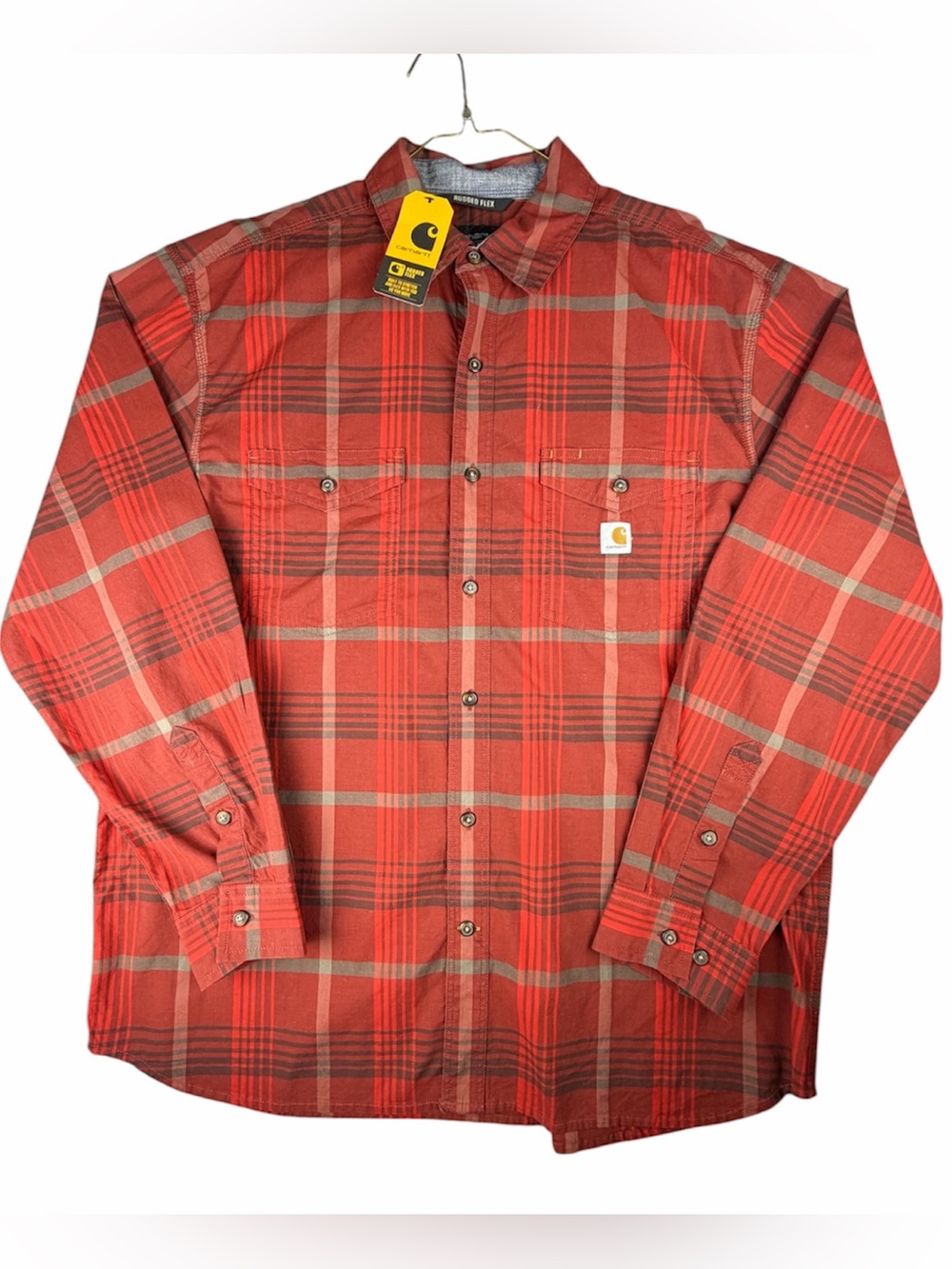 Carhartt Rugged Flex Red Plaid Shirt, Relaxed Fit Lightweight Long Sleeve XL